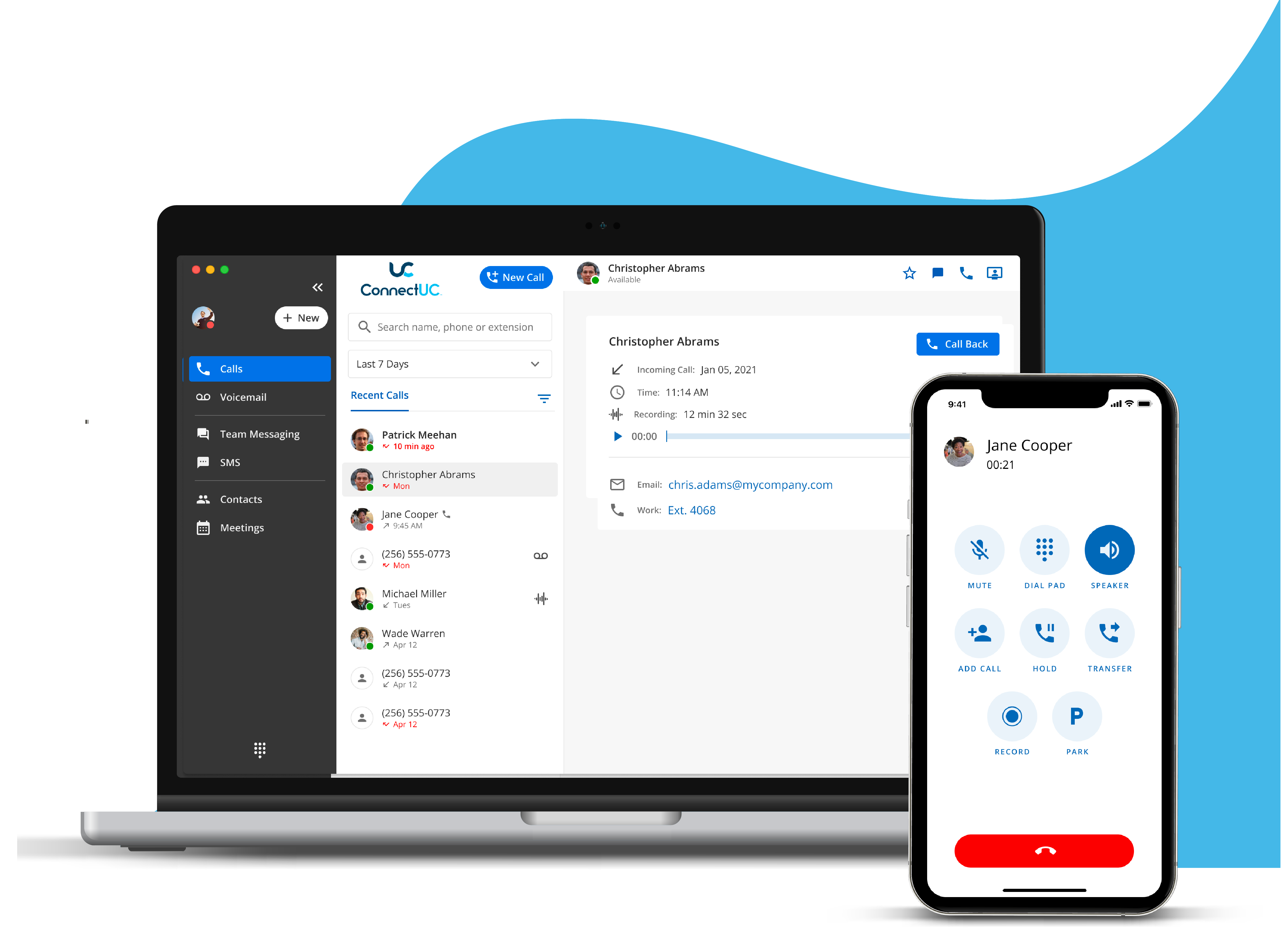 ConnectUC Web Client and Mobile App showing calls, messaging, and contacts